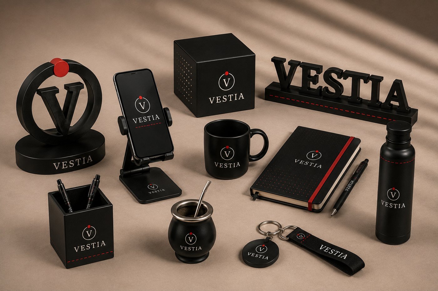 Objetos de marca VESTIA e impresión 3D: mate, taza, botella, cuaderno y más