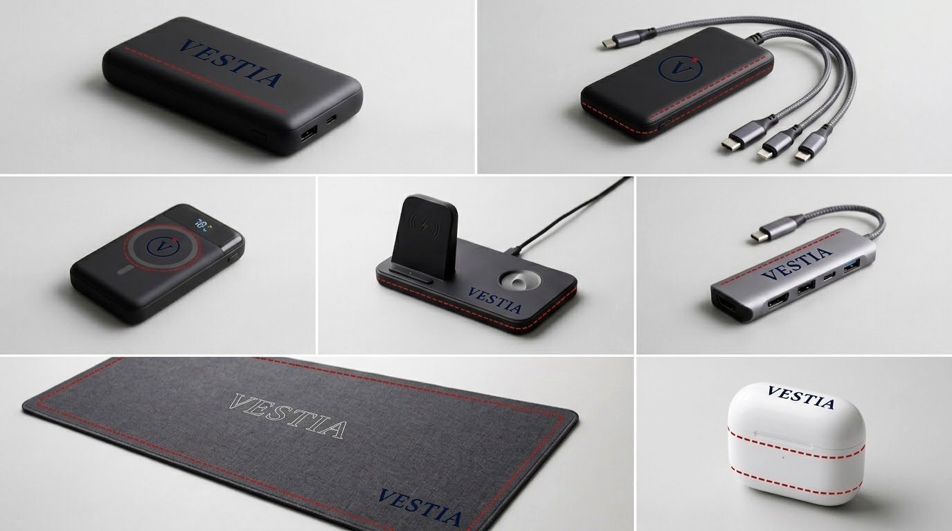 Regalos empresariales tecnológicos VESTIA: auriculares, power banks, parlantes, cargadores inalámbricos y objetos de escritorio
